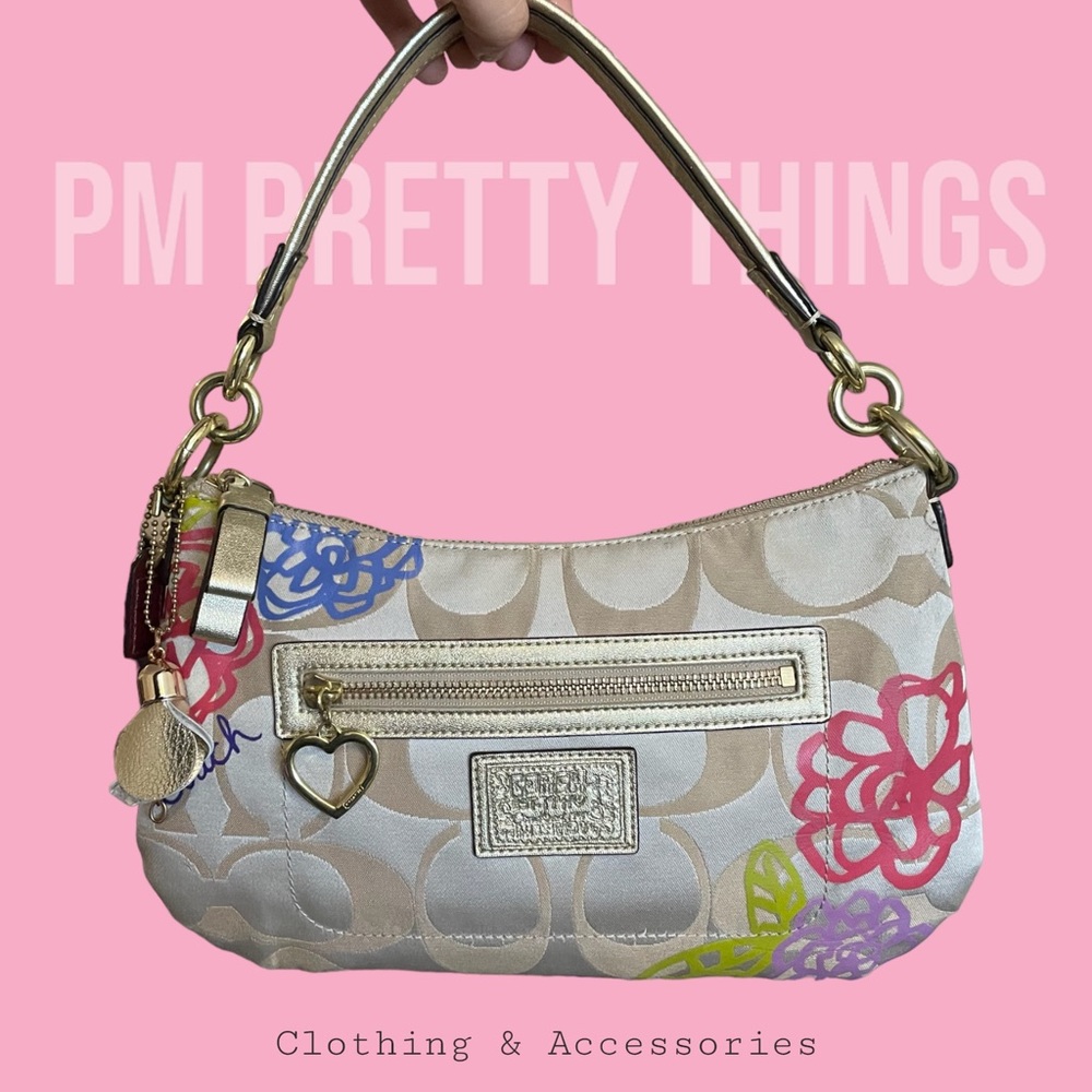 Coach, Poppy, Y2K era signature small tan and gold, floral shoulder bag
